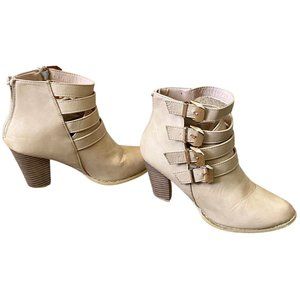 Natalie | Tan Wedge Heel Booties With Buckles | Size 10